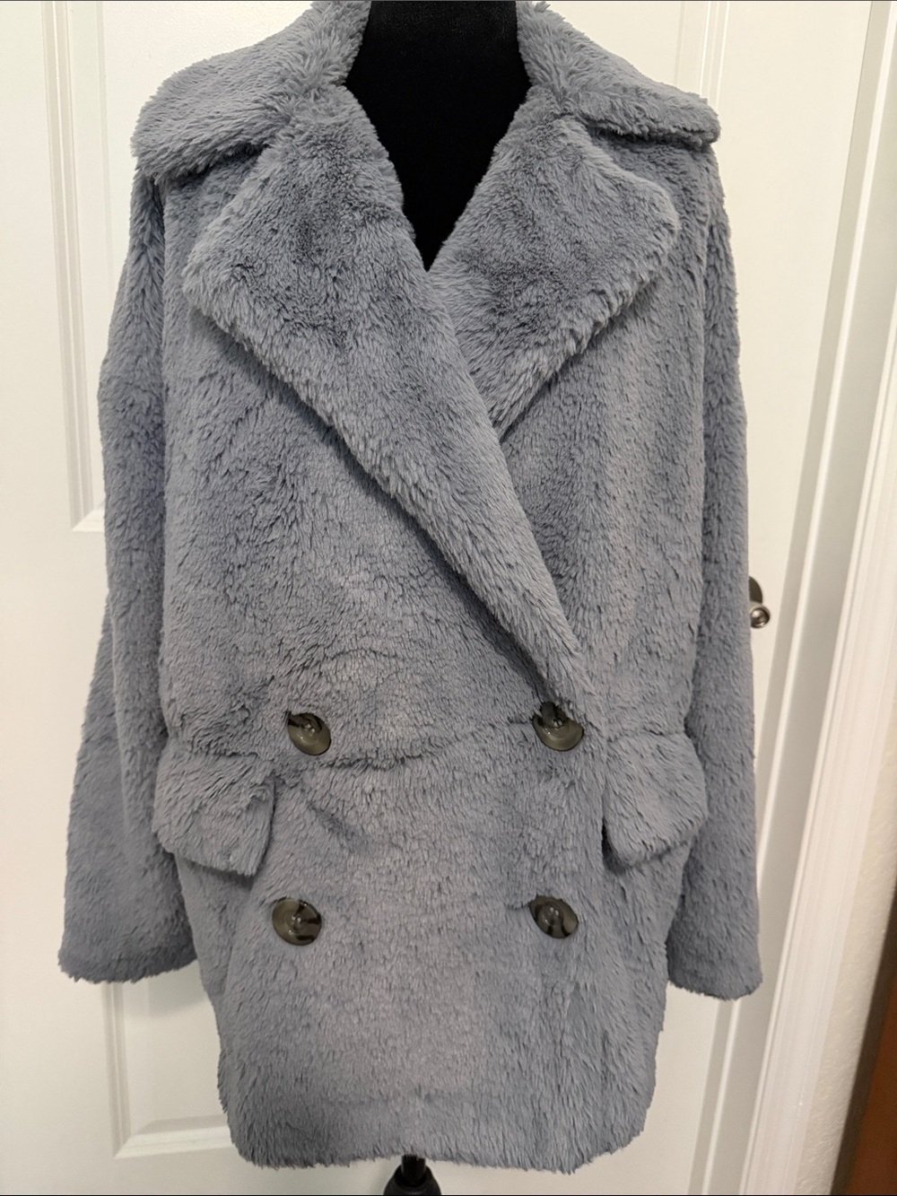 Free People Gray Plush Double-Breasted Teddy Coat
